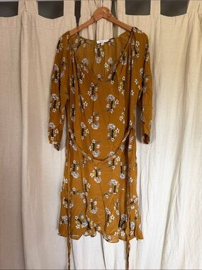 Amour Vert Mustard Floral Tie-Waist Midi Silk Dress